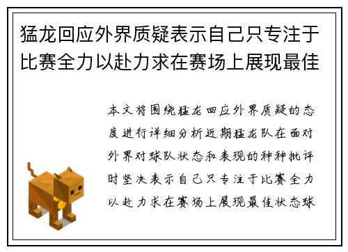 猛龙回应外界质疑表示自己只专注于比赛全力以赴力求在赛场上展现最佳状态