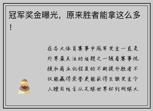 冠军奖金曝光，原来胜者能拿这么多！